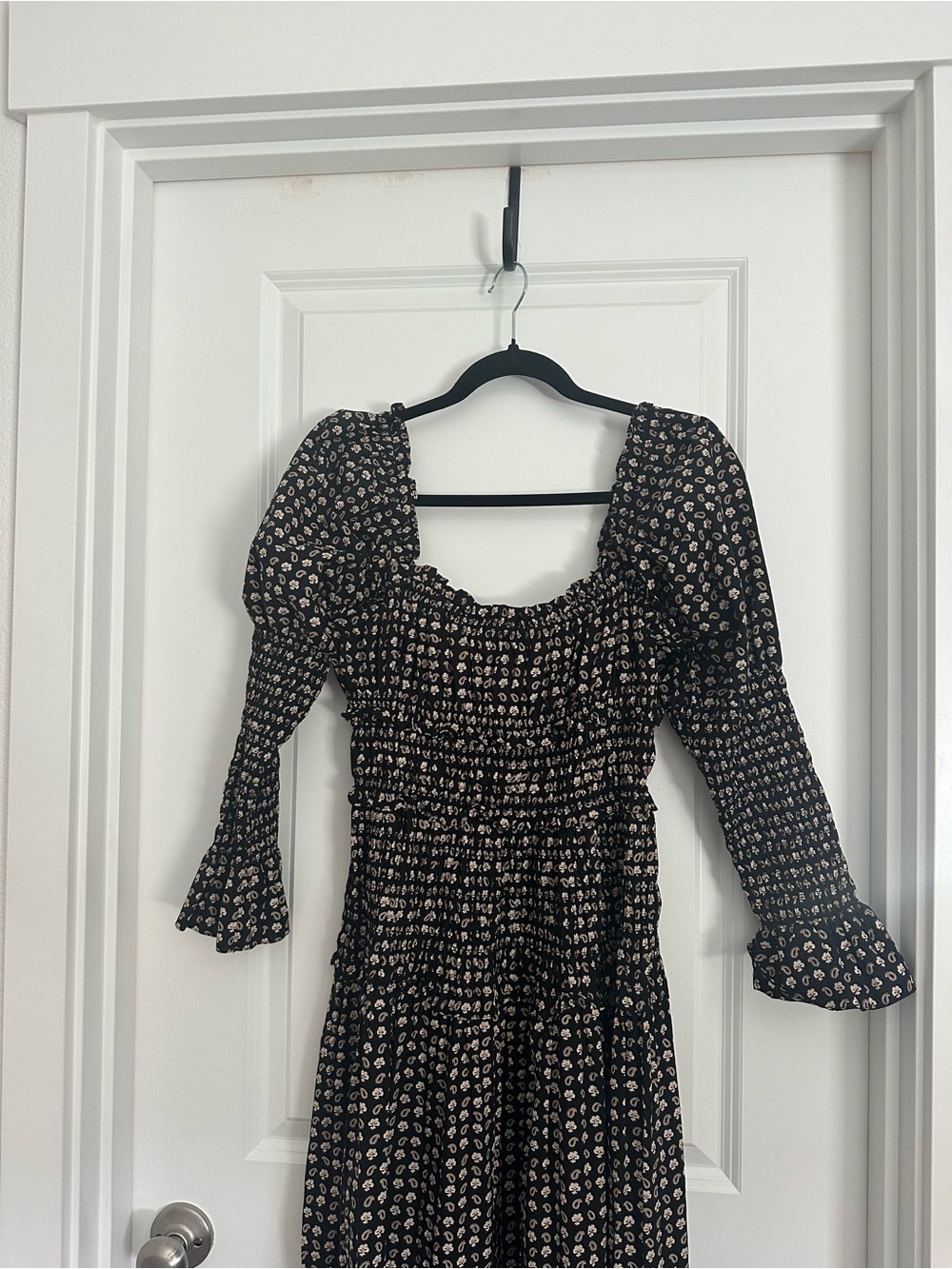 Doen Black Floral Smocked Midi with Puff Sleeves